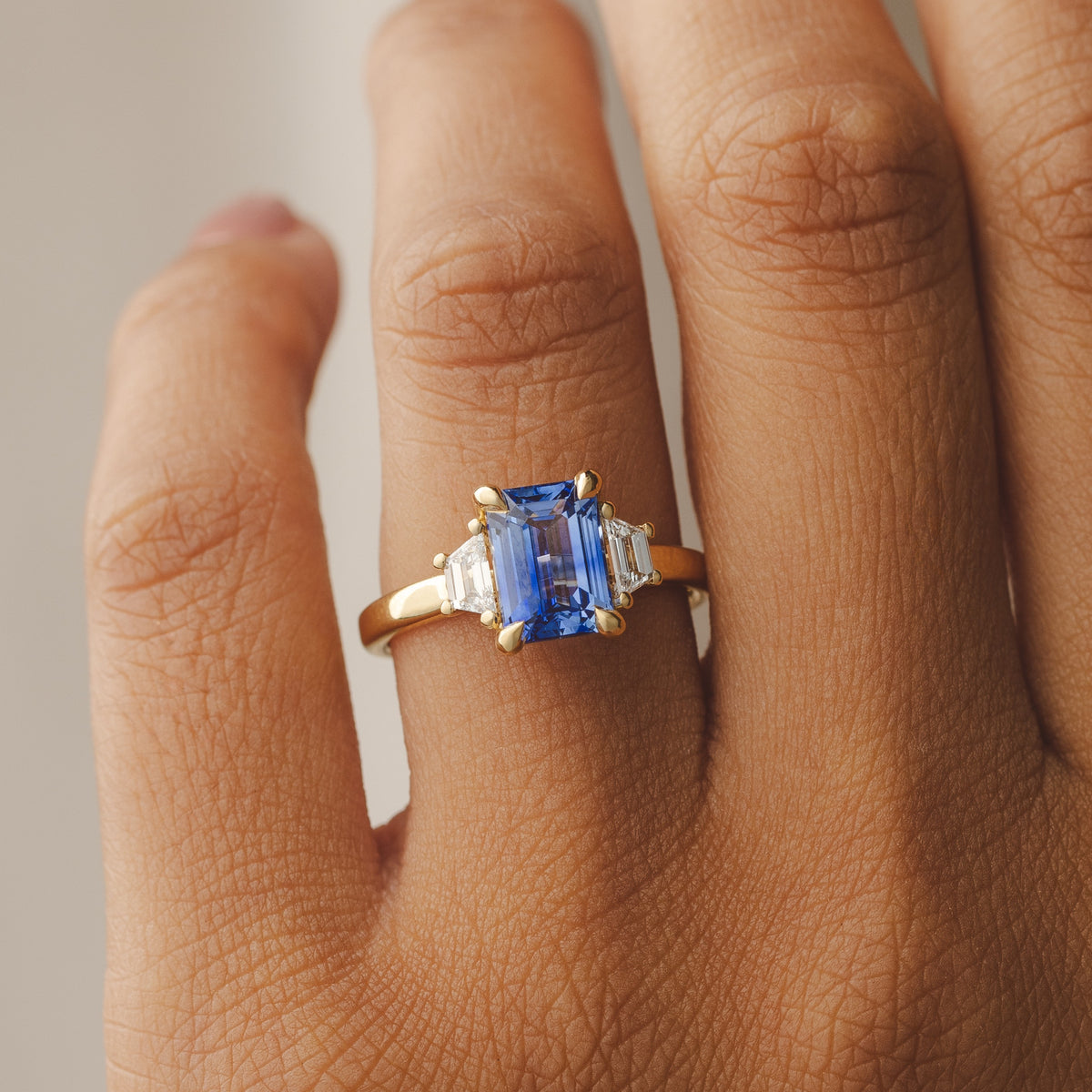 Rebecca Trapezoid 2.53ct Ceylon Blue Emerald Cut Sapphire Ring