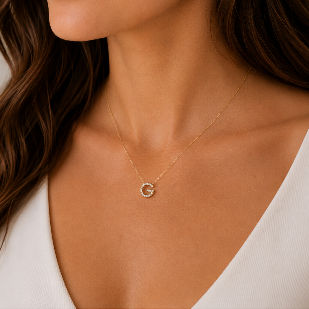 Diamond Initial Gold Necklace G - M