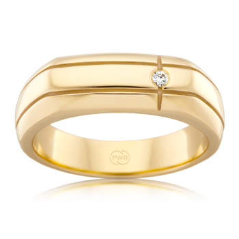 Gold Grooved and Offset Diamond Signet Ring