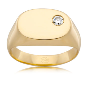 Gold Signet Ring with Offset Diamond