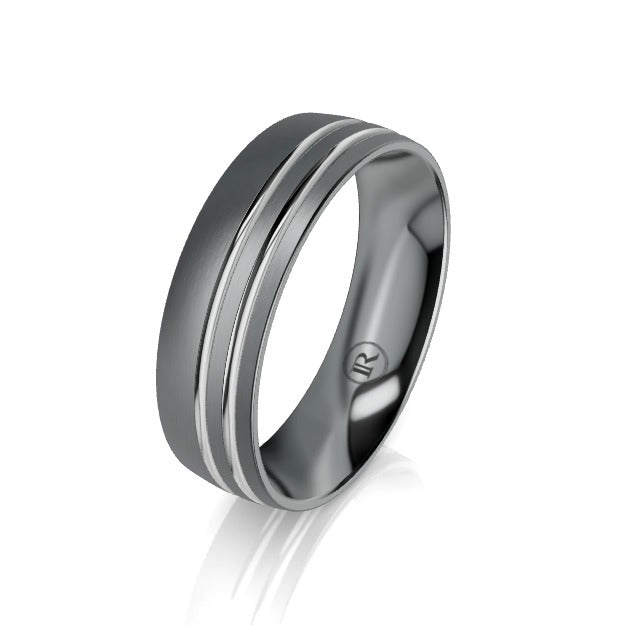 The Ludlow Tantalum & White Gold Offset Grooved Wedding Ring