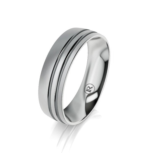 The Ludlow Tantalum & White Gold Offset Grooved Wedding Ring