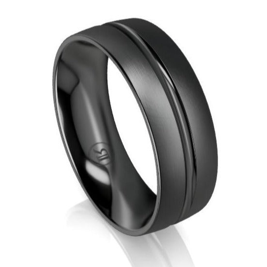 Rounded Brushed and Polished Centre Groove Black Zirconium Wedding Ring - Comfort Fit (IN1379)